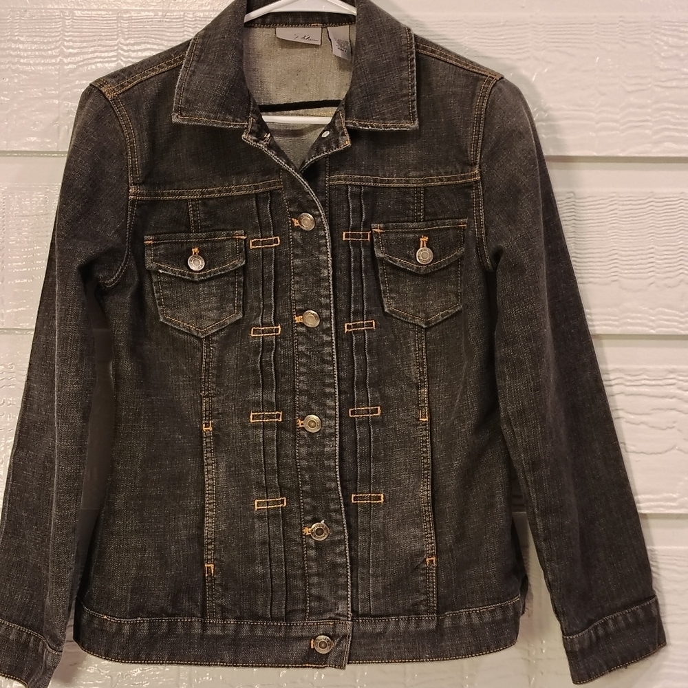 Chico's Platinum Jacket Womens 1 Medium Dark Gray Denim Pleated Front Western